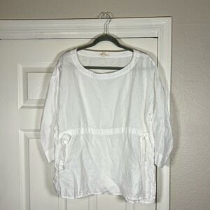 Eileen Fisher Organic Linen Gauze Stretch Mock Neck Oversized Tunic Top Blouse